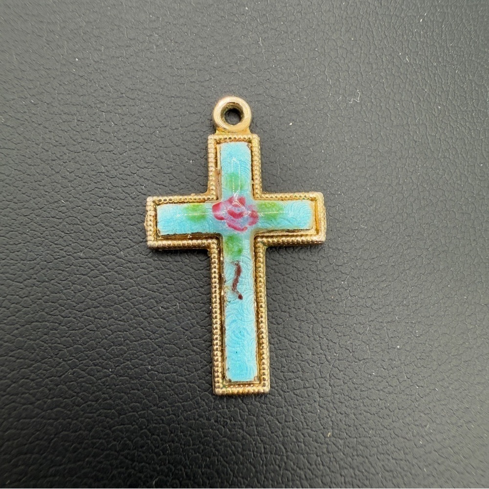 Vintage Blue Enamel Handpainted Floral Cross
